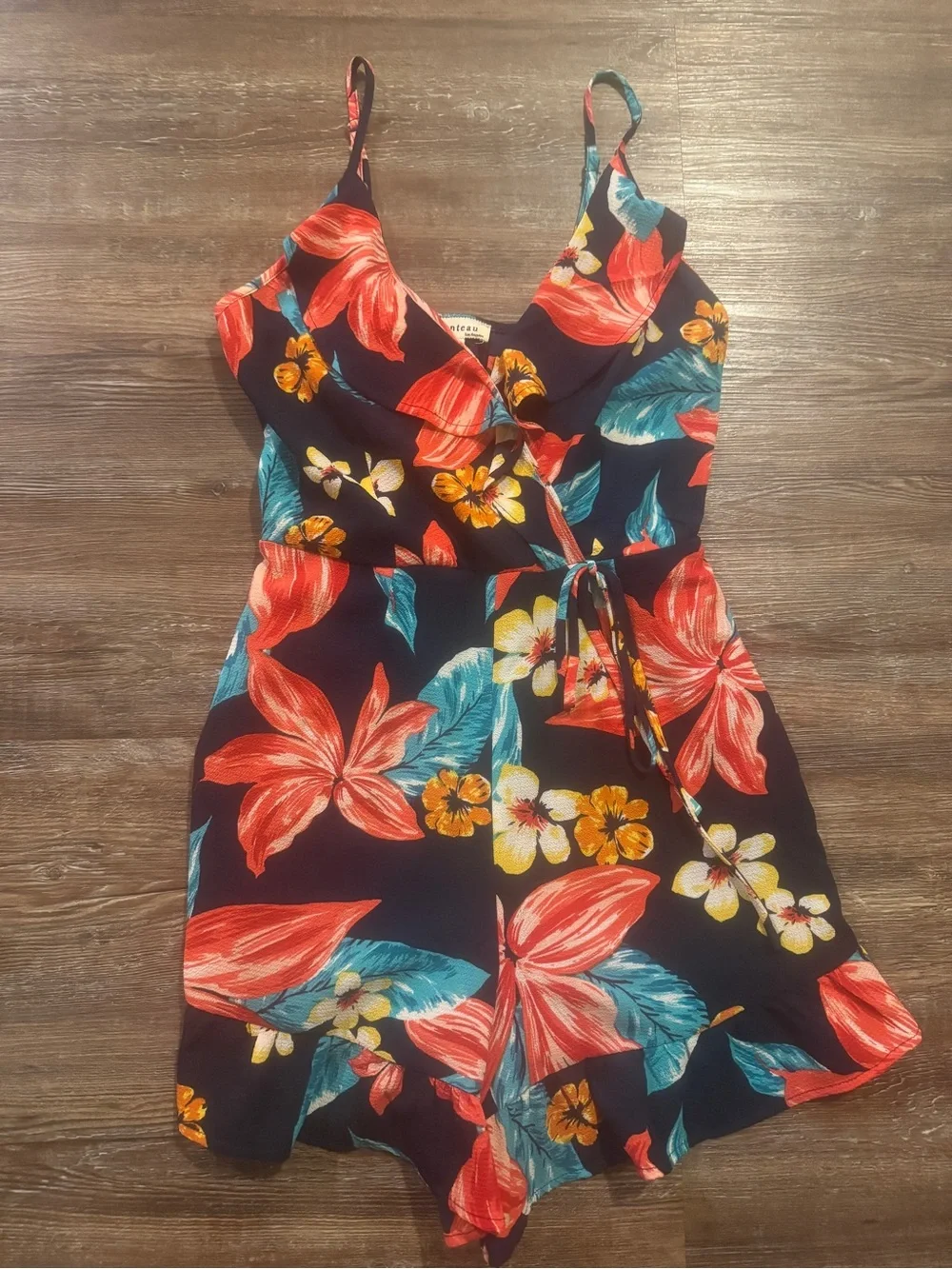Monteau Navy Floral Tie-Waist Romper with Red, Teal & Yellow Blooms